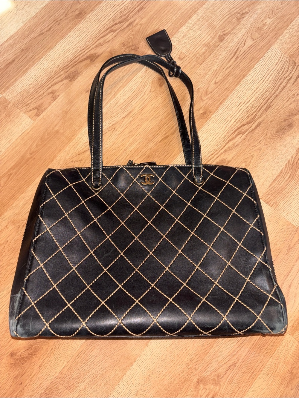 CHANEL Black Quilted Leather weekend bag with cream stitching  🧵